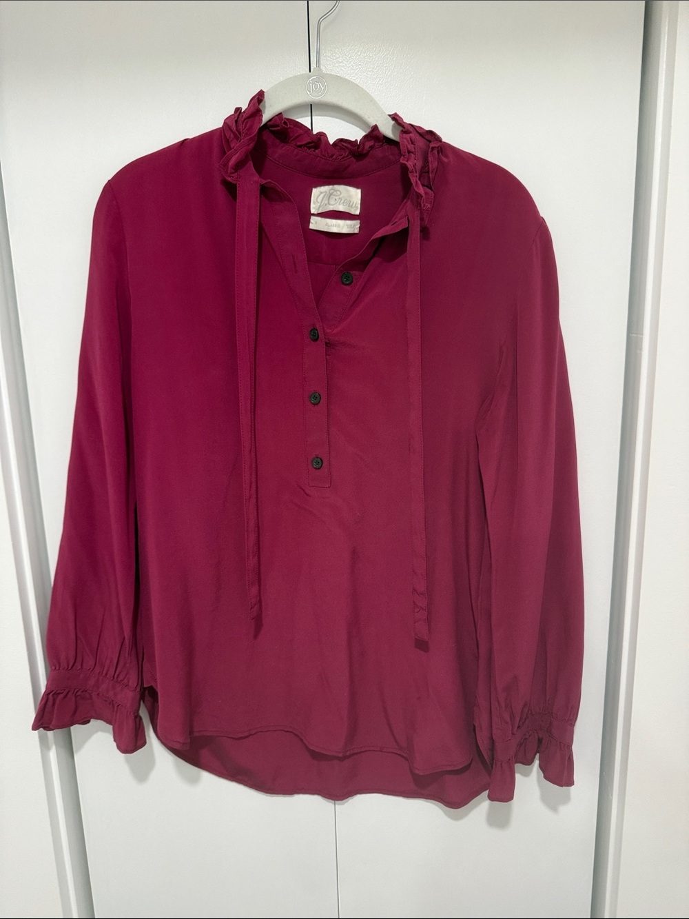 J. Crew Deep Berry Ruffle Tie-Neck Blouse